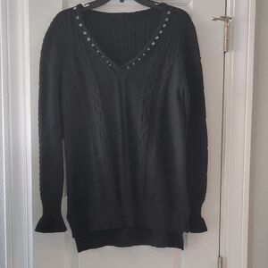 Simply Vera Vera Wang Black V-Neck Cable Knit Sweater with Stud Trim